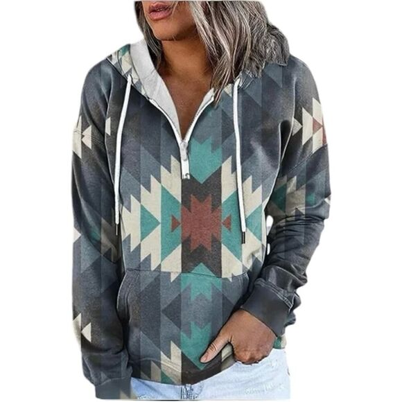 Tribal Oversized Gray Blue Hooded Sweatshirt - Picture 1 of 7